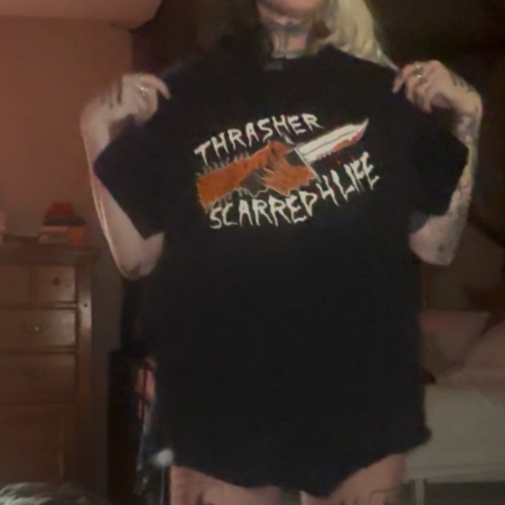 Thrasher Black Tee with Orange and White Graphic